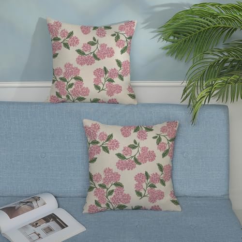 Preppy Pink Pillow Covers 22x22 Inch 2 Pcs Green Hydrangea Flower Decor Throw Pillows Vintage Floral Seasonal Spring Summer Outdoor Decoration Pillowcase Linen Cushion Cover for Couch Sofa - Image 3