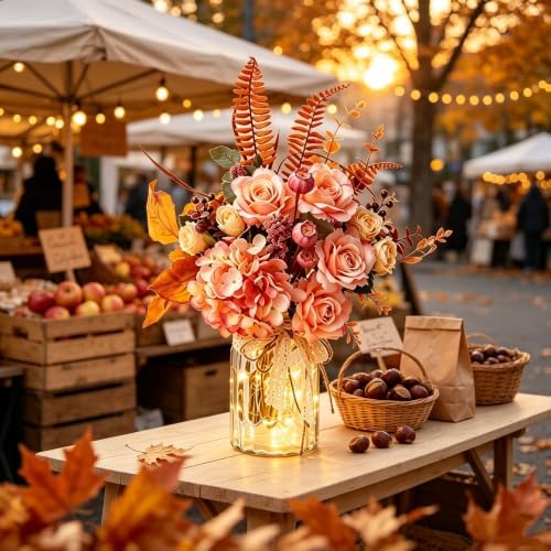 Artificial Fall Flowers with Vase & Lights – Faux Autumn Hydrangea & Rose - Image 4