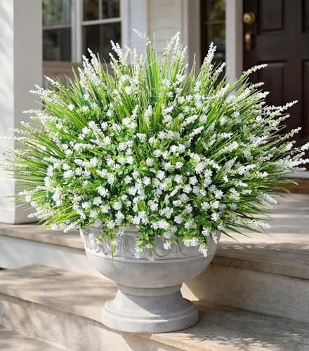 HyeFlora 20 Bundles Artificial Fake Outdoor Plants Flowers for Spring Decoration, UV Resistant Realistic White Plastic Flowers Faux Plant Monkey Grass for Planter Home Garden Porch Patio Window Box by HyeFloraartificialflowers