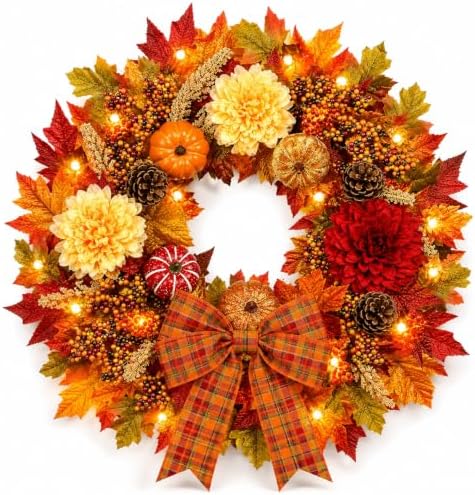 ICX 24 Inch Fall Wreaths for Front Door, Autumn Wreath with Lights and Bows by ICXSeasonalFlowersGardenDecor