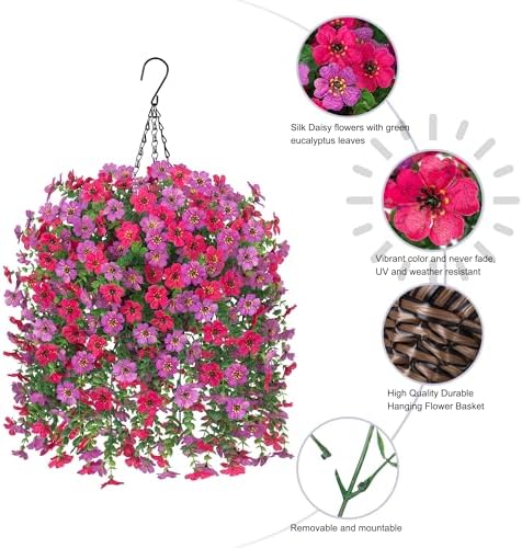 HyeFlora Artificial Hanging Flowers Basket for Outdoor, Fake Flowers Faux Plants Look Real for Yard Gardens Porch Patio Home (Purple+Hotpink) - Image 3
