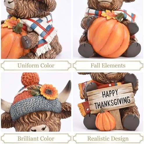 Valery Madelyn Fall Decorations for Home, 2 Pcs Thanksgiving Highland Cow Pumpkin Decor for Table Indoor Outdoor, Resin Fall Decor Sunflower Garden Figurines for Autumn Harvest Porch Tiered Tray, 4" - Image 4