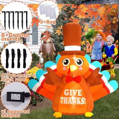 6FT Thanksgiving Inflatable Outdoor Decoration Turkey Inflatable Patio Decoration with Built-in LED Lights, Suitable for Thanksgiving Holiday Party, Patio, Lawn, Garden Winter Decoration - Image 4