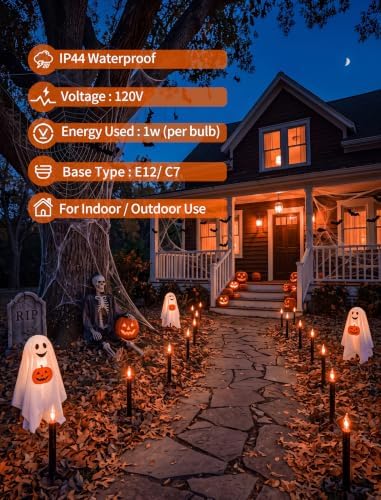 19.5Ft Halloween Pathway Lights, 10 C18 Flicker Flame Candles Stakes Lights - Image 4