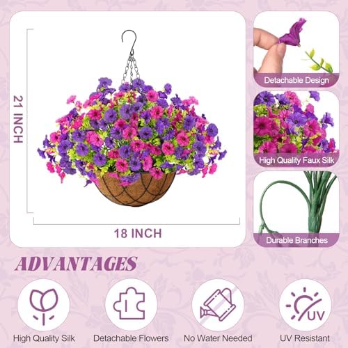 Artificial Fake Hanging Flowers with Basket for Outdoor Decor 12 Pcs UV Resistant Faux Silk Morning Glory Flowers Plants for Outdoor Outside Planters Home Porch Patio Balcony Spring Summer Décor - Image 3