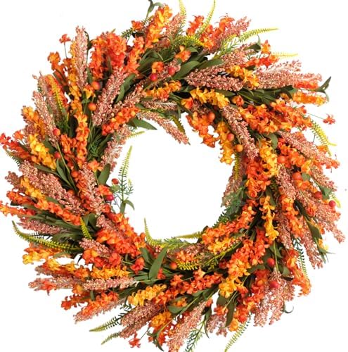 26 Inch Fall Flower Wreath for Front Door, Autumn Yellow Orange Forsythia Flower Indoor Outdoor Wreath with Berries Foam Leaves by Egolot