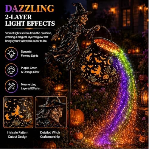 Halloween Witch Cauldron Garden Light, Colorful Waterfall-Style Light Flow Flying Witch Garden Stake with Projector Lights for Outdoor Yard, Lawn, Patio, Pathway,Halloween Party(No Battery) - Image 3
