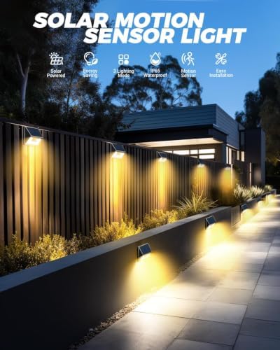 Vighep 12 Pack Solar Fence Lights, Motion Sensor Deck & Wall Lights - Warm White LED, Wireless, Waterproof, Outdoor for Yard, Steps & Garden - Black - Image 2