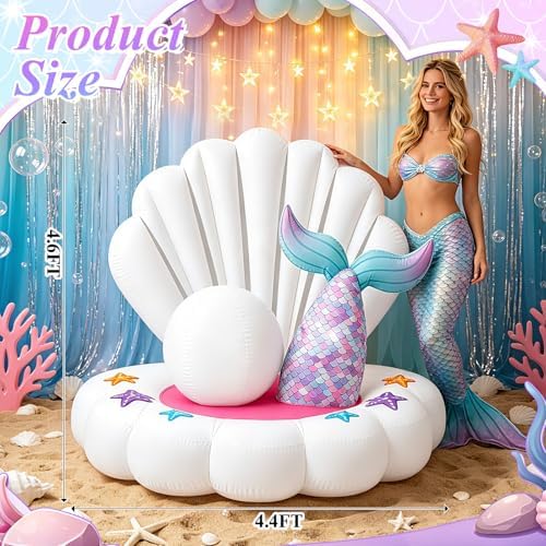 4.6FT Inflatable Seashell with Mermaid Tail for Summer Outdoor Decor, Blow Up Seashell Built-in 3 LED Lights for Mermaid Birthday & Pool Beach Ocean Party Decorations, Yard Garden Indoor Photo Props - Image 2