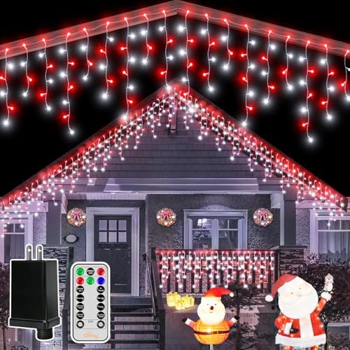 Ollny Icicle Lights for Outside 504LED 41FT, Red and White Christmas Light with Remote 8Modes Timers Waterproof, Plug in Connectable Hanging Lights for Outdoor Indoor House Roof Holiday by Ollny