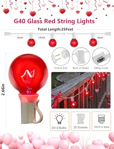 G40 Valentine’s Day Red Globe String Lights, 25Ft Outdoor Valentines Day Decorations Lights with 27 Incandescent Red Bulbs, Hanging Christmas Lights Waterproof for Patio Wedding Party Garden Balcony - Image 2