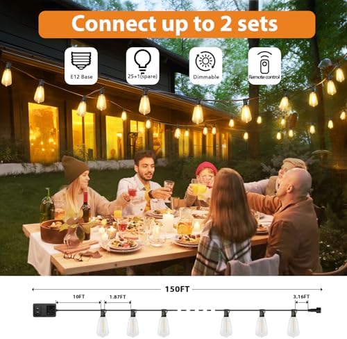 Brightever 150FT Outdoor Lights with Remote, 2700K/4000K/5000K Selectable LED String Lights for Outside with 75+2 ST38 Shatterproof Edison Bulbs, 3 Modes Dimmable Waterproof Hanging Lights for Patio - Image 2