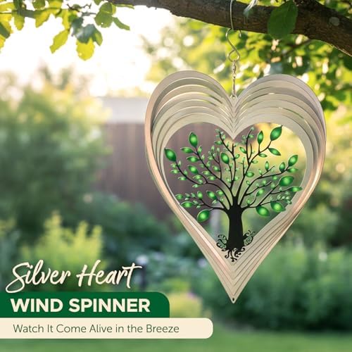 ISEO Silver Heart Wind Spinner Outdoor, 12 Inch Tree of Life Hanging Garden Decor, 3D Metal Yard Art for Porch Patio Balcony, Gift for Women Mom Grandma - Image 2