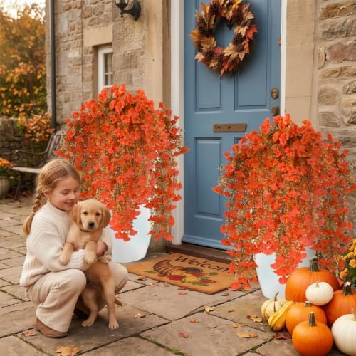 6 Pcs Fall Artificial Hanging Flowers for Outdoors, 30 Inch Burnt Orange Morning Glory Vines UV Resistant Fake Hanging Plants Silk Hanging Flowers for Garden Porch Patio Window Box Decor - Image 6