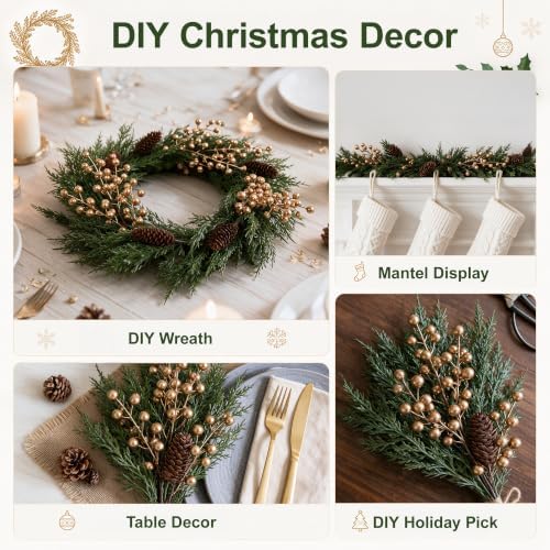 Faux Cedar Stems Artificial Norfolk Pine Branches for Christmas Decorations, 20 PCS Faux Pine Stems with Pinecones Gold Berries Branches Realistic Faux Greenery for Vases DIY Garland Xmas Table Indoor - Image 4