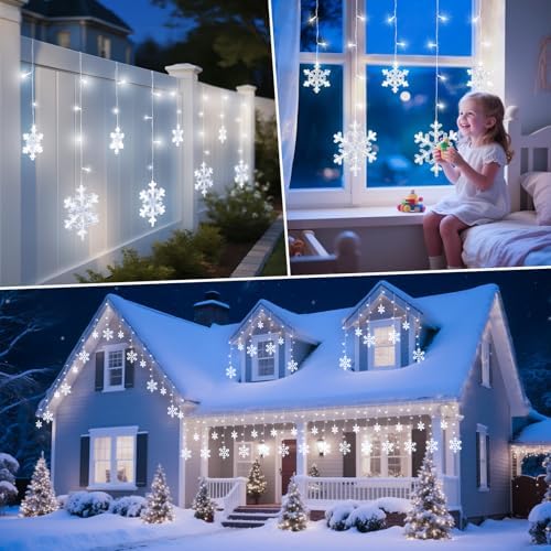 Minetom Christmas Snowflake Icicle Lights - 13ft 192LED Snowflake Drops, 12 Modes and Timer, IP65 Waterproof Connectable Christmas Lights for House Eave Window Indoor Outdoor, White - Image 6