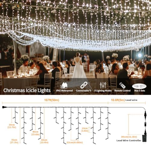 Icicle Lights for Outside, 167ft 17600 LED Icicle Christmas Lights Outdoor Waterproof, 352 Drops with Remote, 8 Modes & Dimmable, Timer for Christmas, Wedding, Party, House, Roof Decoration, White - Image 2