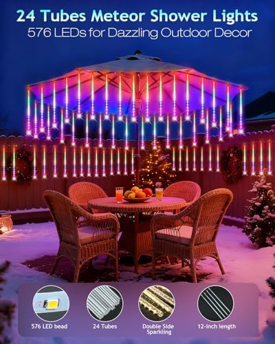 PEMOTech Christmas Lights Outdoor,24 Tubes 864 LED 20 Inch,Multicolor Meteor Shower Lights Outdoor,Waterproof Luces Navideñas para Exteriores,50 ft for Christmas Tree,Party,Garden Decor - Image 7