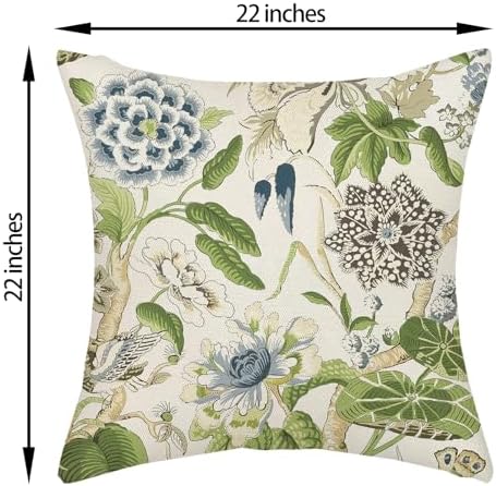 Sage Green Boho Pillow Covers 22x22 Inch 2 Pcs Blue Green Vintage Floral Bird Decor Throw Pillows Chinoiserie Flower Seasonal Outdoor Farmhouse Pillowcase Linen Cushion Cover for Couch Sofa - Image 6