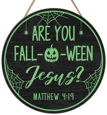 Christian Halloween Decorations Are You Fall-O-Ween Jesus Sign Halloween Pumpkin Door Sign Wooden Hanger for Front Door Porch Wall Indoor Home Office Bedroom Decor by Unknown