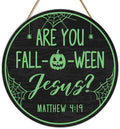 Christian Halloween Decorations Are You Fall-O-Ween Jesus Sign Halloween Pumpkin Door Sign Wooden Hanger for Front Door Porch Wall Indoor Home Office Bedroom Decor by Unknown