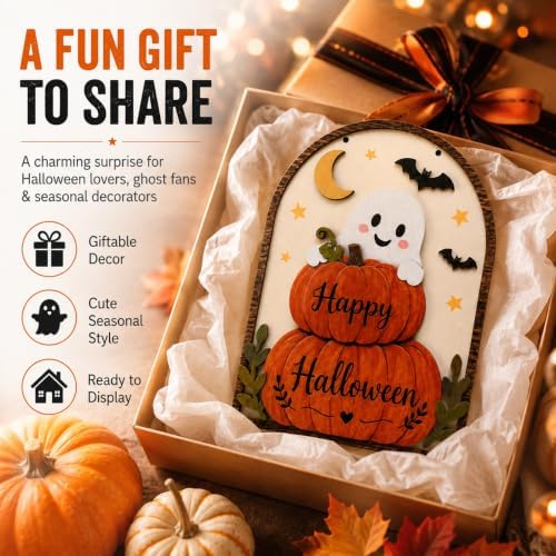 LKTEE Halloween Door Sign, Wooden Ghost Pumpkin Decor for Front Door - Image 5