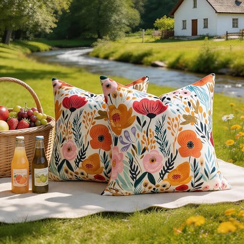 Spring Pillow Covers 18x18 Outdoor Pillow Covers Farmhouse Wildfloral Set of 2 Multicolor Orange and Pink Flowers Leaves Beauty Floral Blossom Garden Cushion Case Spring Decorations for Home Garden - Image 3