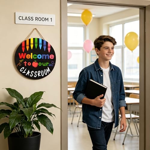 Welcome Sign for Classroom Door Decorations 12x12in Welcome to Our Classroom Sign Welcome Back to School Door Hanger Teacher Welcom Round Wood Hanging Signs for School Classroom Wall Board Supplies - Image 4