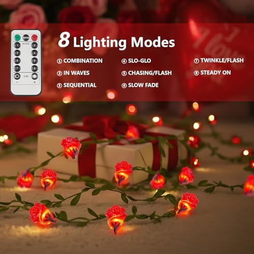 suddus 40LED Red Rose Flower String Lights Battery Powered with Remote - Image 3