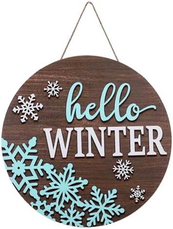 JarThenaAMCS Hello Winter Snowflake Welcome Door Sign 3D Wooden Hanging Sign White Blue Front Door Hanger for Xmas Indoor Outdoor Farmhouse Home Porch Window Decor by JarThenaAMCS