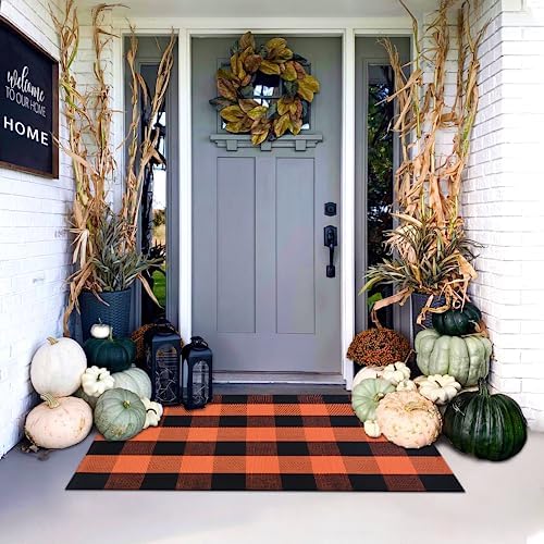 Orange and Black Plaid Rug, 28'' x 43'' Fall Outdoor Front Door Decor Mat, Cotton Washable Hand-Woven Rug for Layered Doormat, Autumn Halloween Thanksgiving Carpet for Porch, Entryway - Image 3