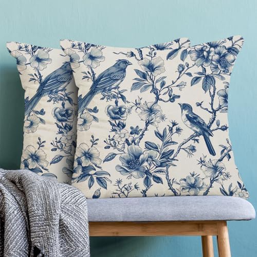 Navy Blue Spring Floral Pillow Covers 16 x 16 Inch Set of 2 for Chinoiserie Vintage Flowers Bird Decor Throw Pillows Plant Farmhouse Outdoor Decorative Cushion Cases for Couch Bed Decorations - Image 2