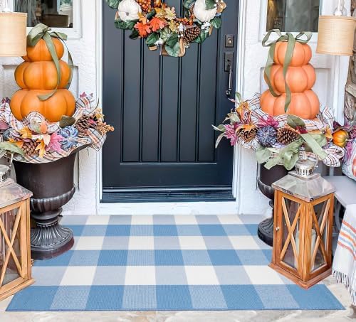 Light Blue and White Layered Doormat 24"x35",Buffalo Plaid Door Mat Outdoor - Image 6
