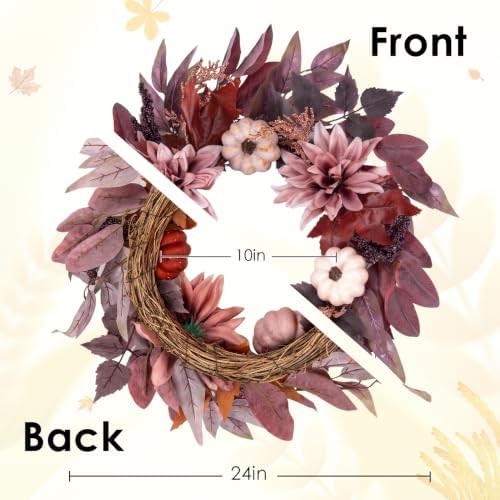 Fall Wreaths for Front Door Decor Artificial Flower, 24" Autumn Pumpkin - Image 2