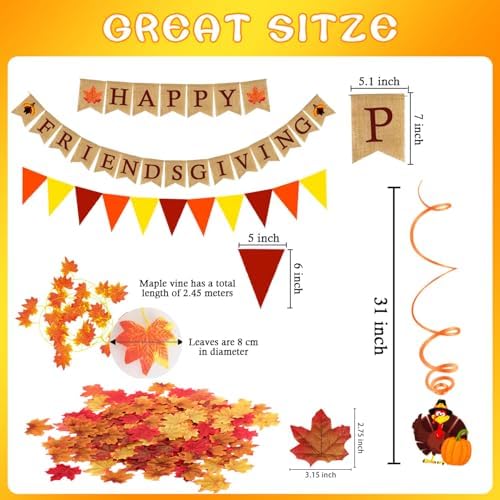 HAPPY FRIENDSGIVING Burlap Banner Paper Triangular Bunting Maple Leaf Pumpkin Turkey Garland for Thanksgiving Day Welcome Autumn harvest Party Decorations - Image 2