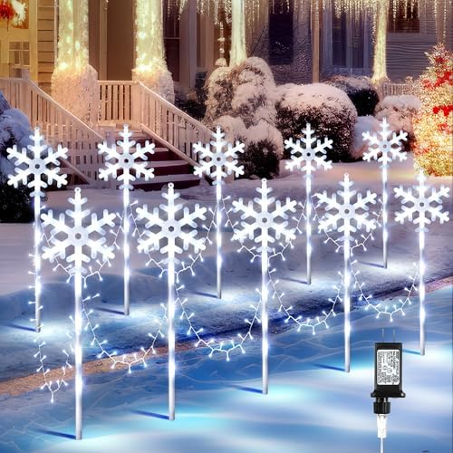 10 Pcs Christmas Snowflake Pathway Stake Lights for Outdoor Yard, 370 Bright LEDs Waterproof Large Christmas Snowflake Light Decoration for Garden Lawn Driveway Walkway Decor(Cool White) by ElectricWise