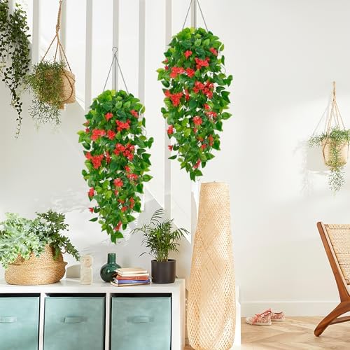BLEUM CADE Artificial Hanging Flowers for Outdoors, 2pcs Fake Hanging Plants Pothos Vines with Red Flowers for Wall Home Living Room Indoor Outdoor Decor (No Baskets) - Image 4