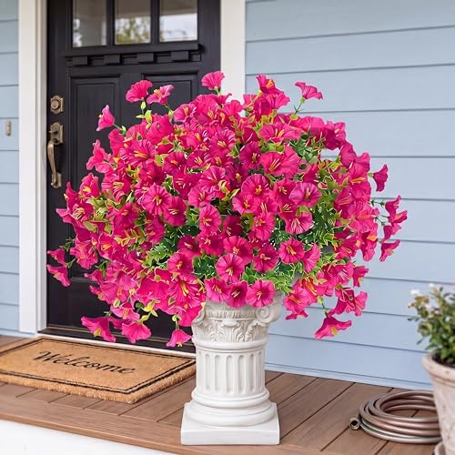 Artificial Flowers for Outdoors 12 Bundles Realistic Faux Plants UV Resistant Fake Silk Morning Glory with Eucalyptus for Front Door Planter Patio Porch Outside Spring Summer Decoration (Magenta) by Sggvecsy