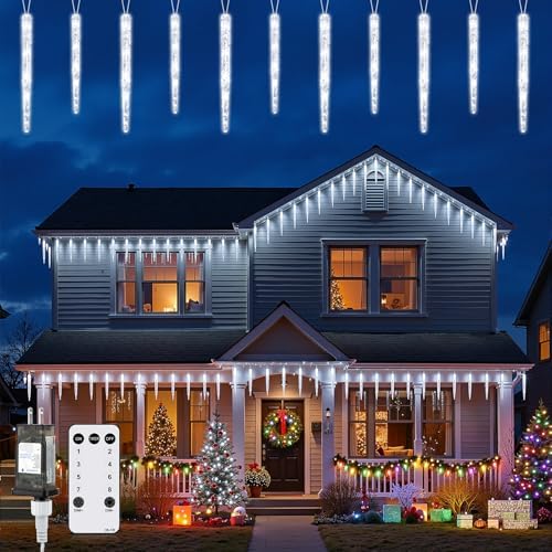 Brightown Icicle Lights Outdoor 20ft with Remote - 20 Tubes 100 LED Iced Tube Christmas Lights, Waterproof Icicle Decor Outdoor Indoor for Tree Patio Roof Holiday Decor, Cool White by Brightown