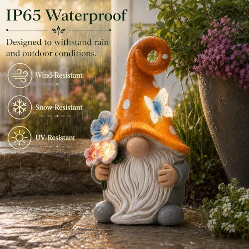 Solar Garden Gnome Statue: Outdoor Figurine with Flower Light - Image 5