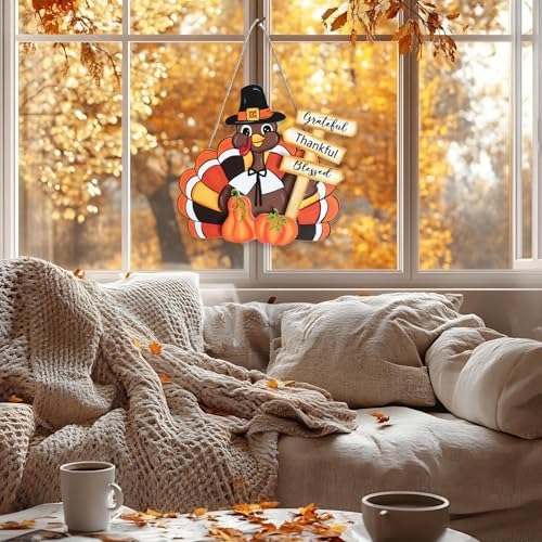 Fall Thanksgiving Turkey Welcome Wooden Sign for Front Door with Pumpkins, Thanksgiving Grateful Thankful Blessed Turkey Sign for Indoor Outdoor, Thankful Hanging Sign - Image 3