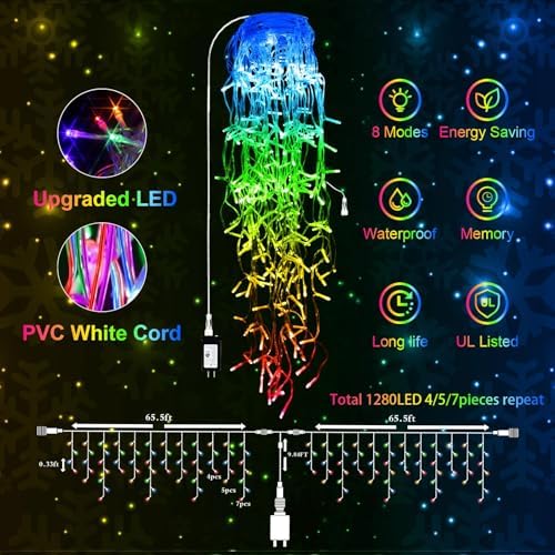 JXLEDAYY Christmas Lights Super Long 1280 LED 131 FT LED String Lights with 240 Drops Plug in 8 Modes Christmas Decoration for Holiday Wedding Party Bedroom Garden Patio Outdoor Indoor (Multicolor) - Image 4