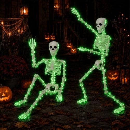 2 Pack Halloween Skeleton Decor 36" Lighted Realistic Skulls (Green) - Image 3