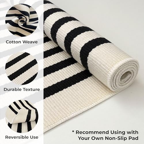KOZYFLY Black and Beige Striped Porch Rug 27.5x43 Inches Area Rug Washable Outdoor Doormat Front Door Mat Cotton Striped Indoor Outdoor Rug for Front Door Kitchen Entryway Patio Porch - Image 4