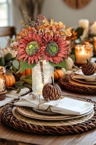 Silk Sunflowers Artificial Flowers with Mason Jar Centerpiece for Table Orange Red Fall Flowers in Vase Fall Floral Arrangement with Vase Thanksgiving Centerpiece for Dining Room Table Autumn Decor - Image 6