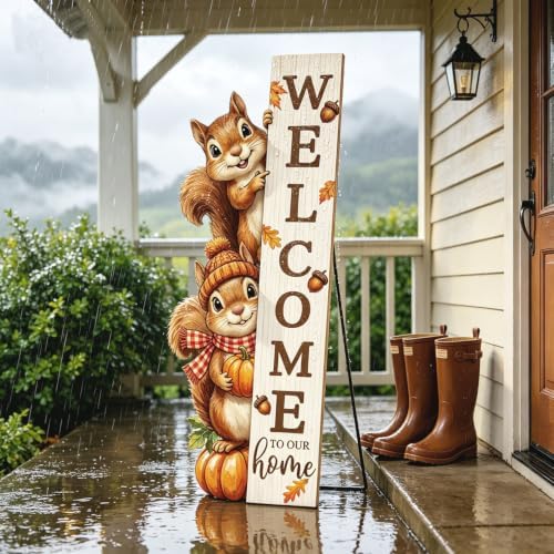 Fall Welcome Sign for Front Door 42" Autumn Squirrel Vertical Large Rustic Porch Decor, Outdoor Patio Garden Thanksgiving Ornament for Home Farmhouse Entryway - Image 5