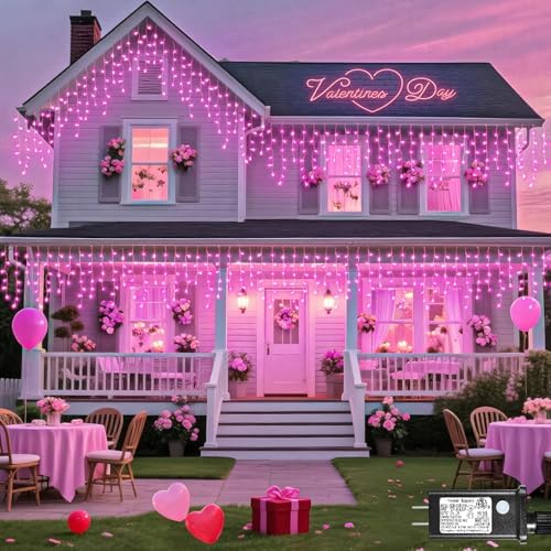 66ft Icicle Lights for Outside, Pink Christmas Lights Outdoor Waterproof for House, 640 LED Twinkle Tree Light with 120 Drops Clear Wire Short Curtain Light for Room Home Wall Indoor Decorations by Nielfoi