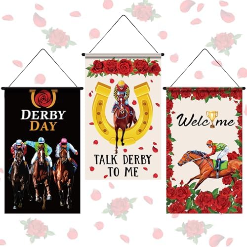 Tegeme 3 Pcs Derby Day Door Banner Derby Day Hanging Flag Decor Roses Horse Racing Festival Door Hanger Sign for Holiday Party Outdoor Indoor Home by Tegeme