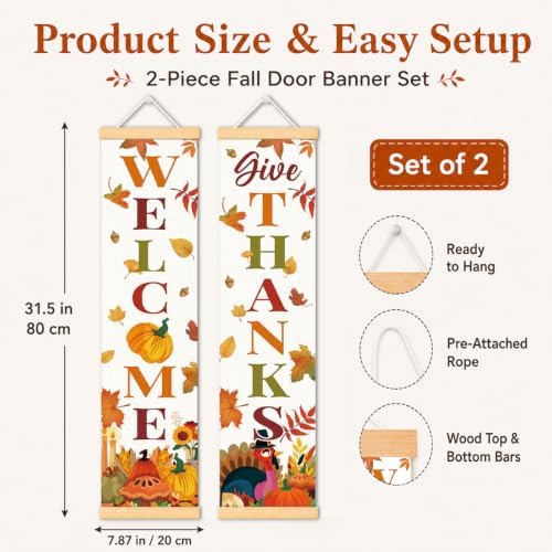 Turkey Give Thanks Door Banner Set of 2, Welcome Fall Porch Decor for Home - Image 2