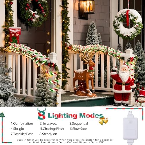 Toodour Christmas Candy Cane Lights, 50ft 360 LED Candy Cane Rope Lights Outdoor with 8 Modes, Connectable, Timer, Waterproof Red White Green Christmas Light for Garden Patio Bedroom Party Xmas Decor - Image 2